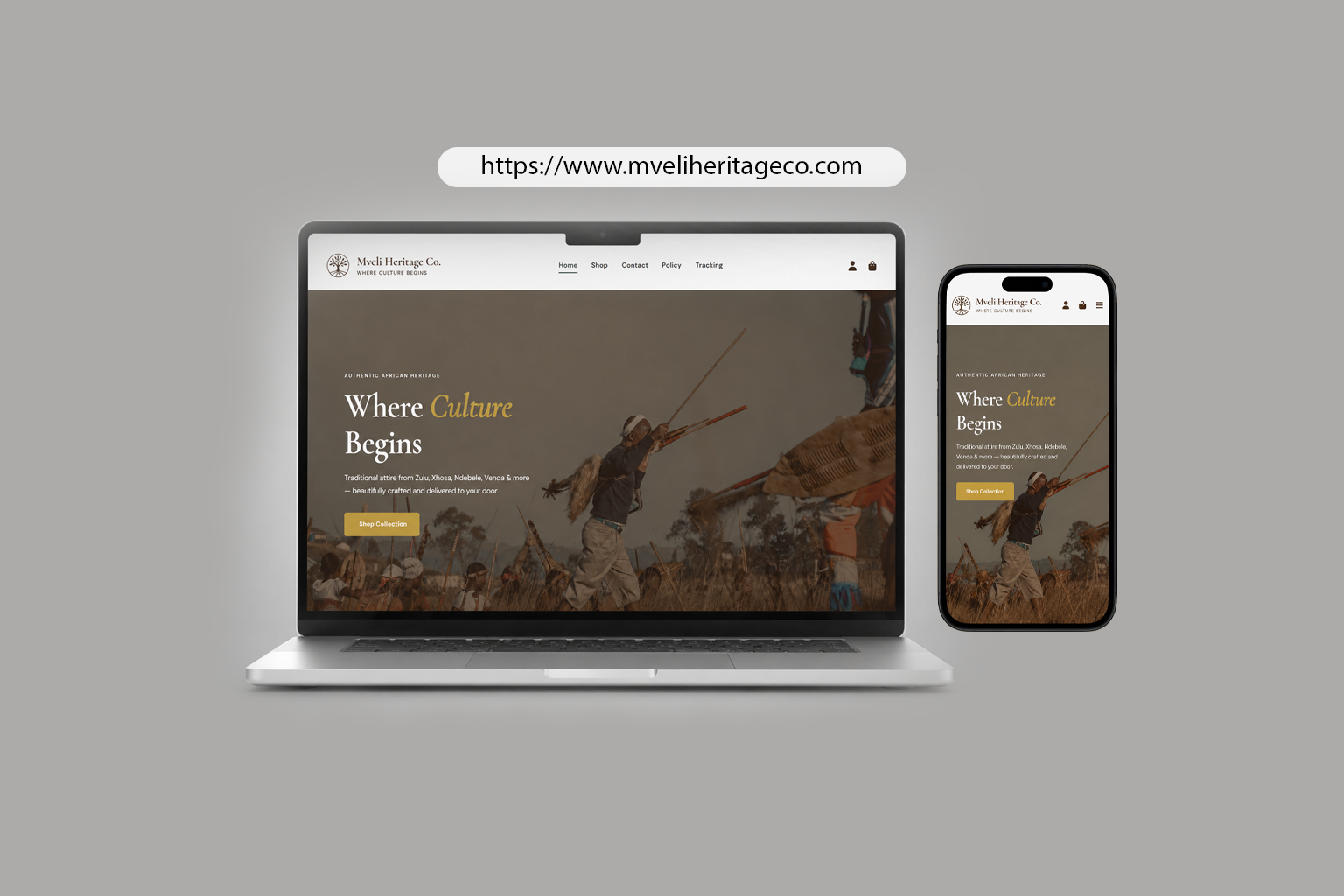 Mveli Heritage Co website shown on a laptop and phone